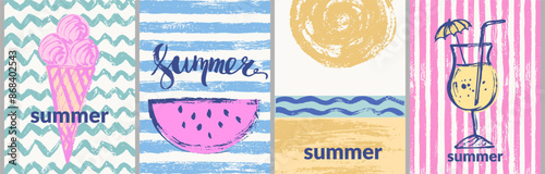 Vector summer posters with grunge textures. Summer striped and wavy patterns with ice cream, watermelon cut, cocktail, sun, beach, sea waves