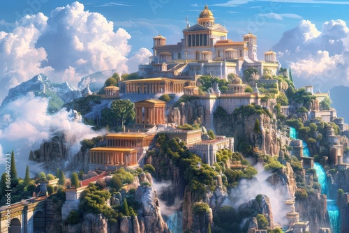 majestic fantasy palace atop mount olympus mythological architecture concept digital illustration photo