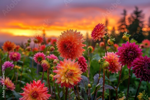 majestic field of colorful dahlias glistening with raindrops at sunset panoramic garden photograph #868402763