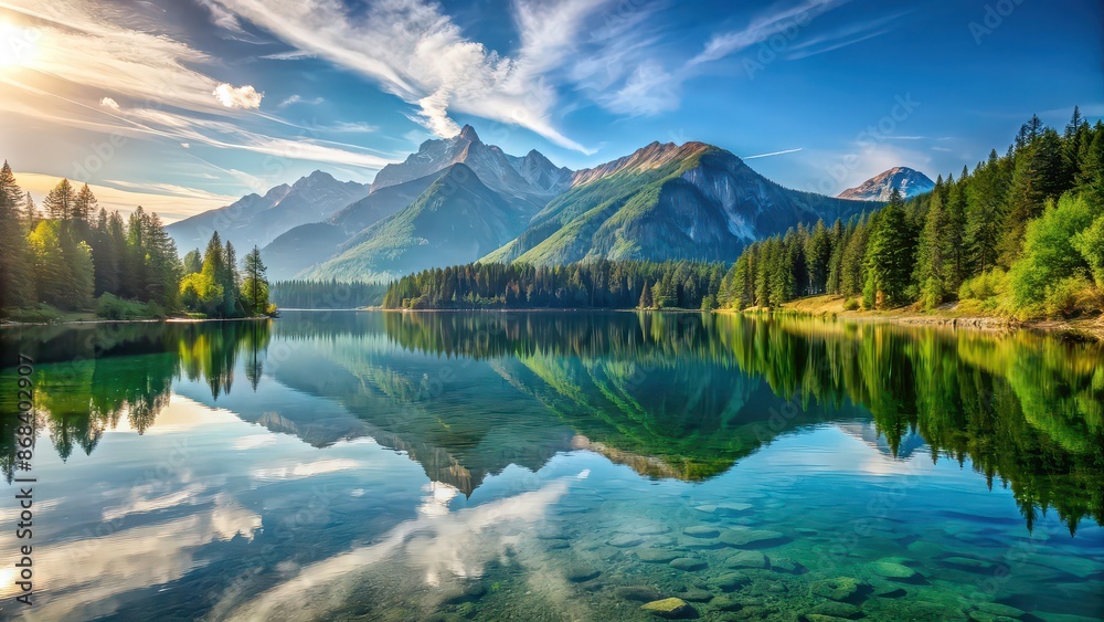 Naklejka premium Beautiful painting of a serene mountain reflecting on a crystal-clear lake , landscape, nature, scenery, art, acrylic