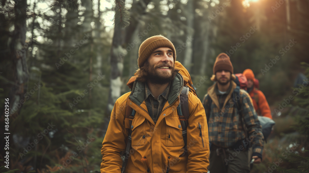 Obraz premium people hiking in a scenic forest capturing moments of adventure and fun, nature, hiking, exploration, outdoor activity, summer time