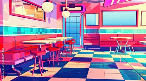 New Nostalgia: Abstract 90s Diner with Vibrant Colors, Retro Booths, and Modern Geometric Design Elements