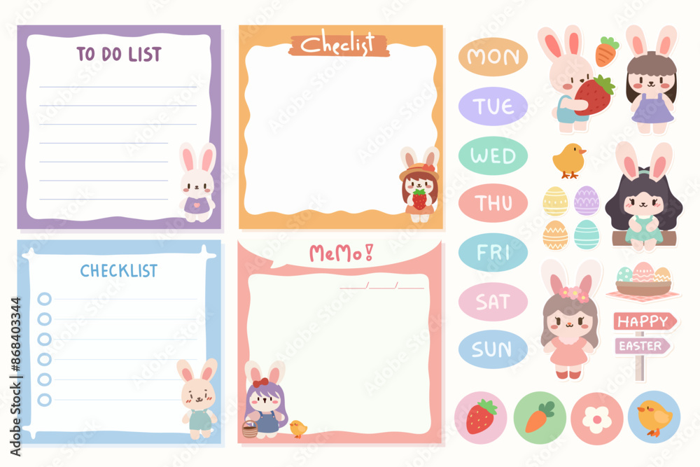 Easter Themed Bunny Checklists and To Do Lists.Set of Cute template notes with Easter theme.Memos and stickers. Cute paper memo template. Notes, memos and to do lists used in a diary, home or office. Easter Themed Bunny Checklists and To Do Lists.Set of Cute template notes with Easter theme.Memos and stickers. Cute paper memo template. Notes, memos and to do lists used in a diary, home or office.
