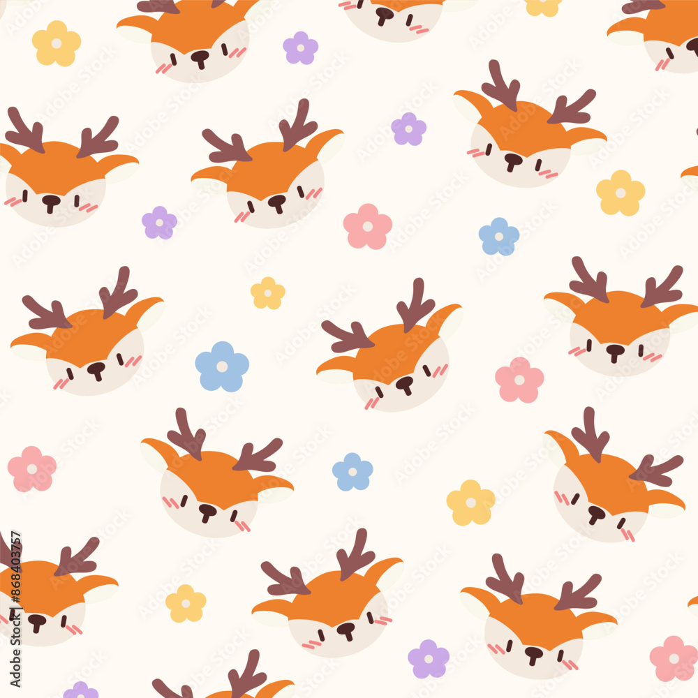 Cute Deer and Flower Pattern Design.Adorable Cartoon Deer Faces with Floral Elements.Kawaii Deer and Pastel Flowers Pattern.