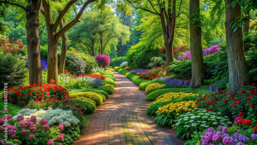 A peaceful garden path surrounded by lush greenery, colorful flowers, and towering trees , serene, path, garden, vibrant, flowers A peaceful garden path surrounded by lush greenery, colorful flowers, and towering trees , serene, path, garden, vibrant, flowers