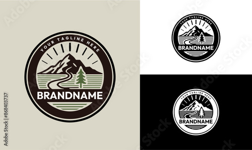 Vintage Round Mountain Nature hiking Logo Design
