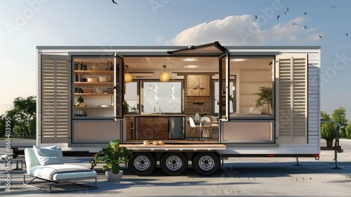 tiny home on wheels with foldable Bahama shutters, blending mobility with stylish sun protection photo