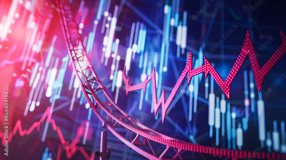 Fototapeta premium Stock market charts and graphs with a rollercoaster background. Instability of the stock and cryptocurrency market. Business and analysis concept.