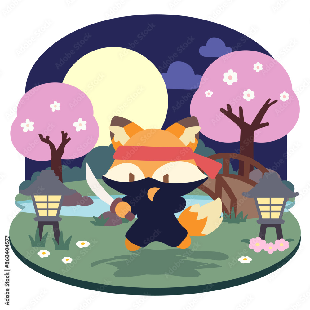 Naklejka premium Kawaii Ninja Fox. Cute and Stealthy Nighttime Adventure. Adorable Fox Ninja in Cherry Blossom Garden. Cartoon Ninja Fox with Sword Under the Full Moon.