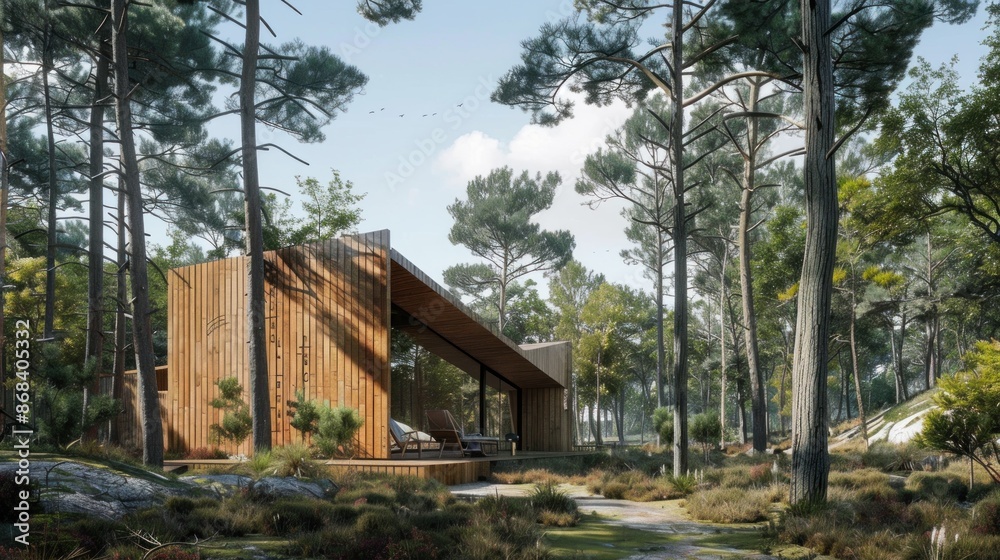 Projet de maison d'architecte en bois naturel avec un toit à deux pentes au milieu de la for Projet de maison d'architecte en bois naturel avec un toit à deux pentes au milieu de la for