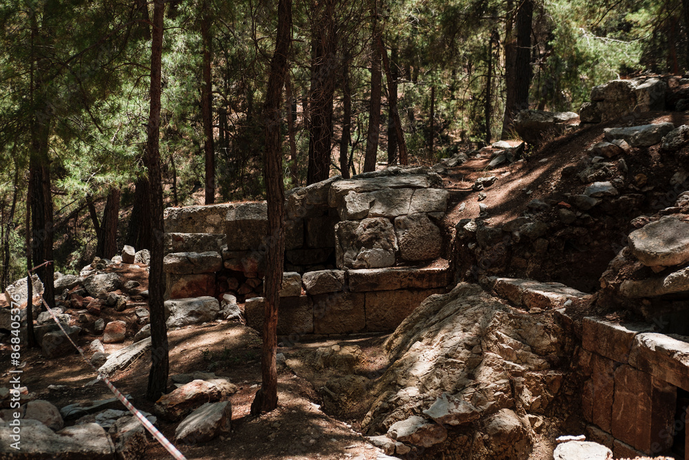 Kadianda or cadyanda antique Lycian town ruins in the forest, stairs, buildings, abandones forest paths, Fethiye open air museum Kadianda or cadyanda antique Lycian town ruins in the forest, stairs, buildings, abandones forest paths, Fethiye open air museum