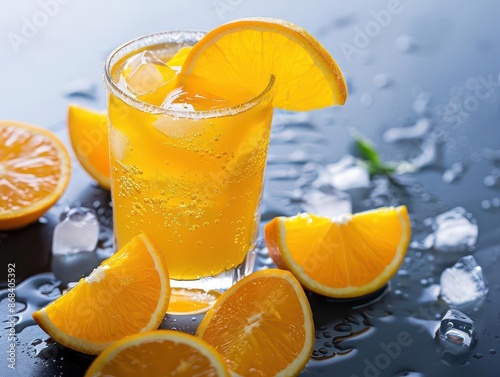 vibrant citrus refreshment crystal clear glass filled with freshsqueezed orange juice and ice cubes condensation and vivid color highlight drinks thirstquenching appeal photo