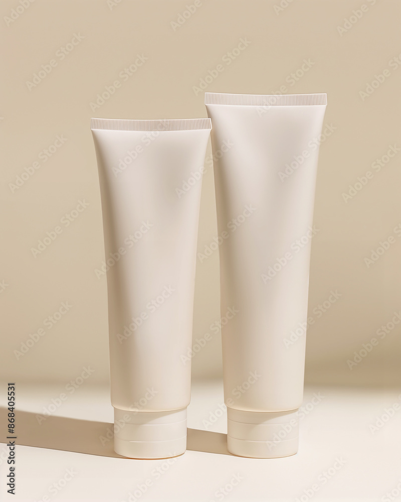 Two plastic hand cream tubes light beige background packaging mockup Two plastic hand cream tubes light beige background packaging mockup