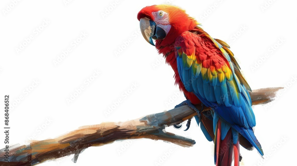 Fototapeta premium vibrant red macaw perched on branch isolated on white background digital painting for decorative projects