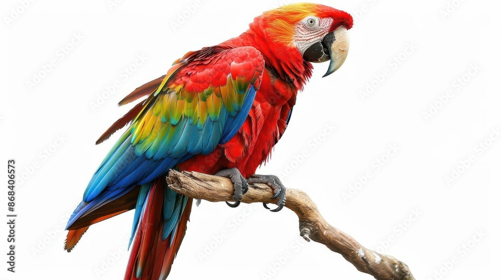 Obraz premium vibrant red macaw perched on branch isolated on white background digital painting for decorative projects