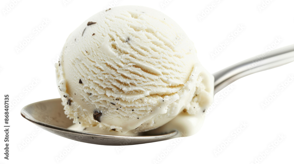 A scoop of vanilla bean ice cream on a spoon isolated on a transparent background A scoop of vanilla bean ice cream on a spoon isolated on a transparent background