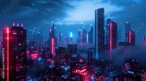 A futuristic city scene showcasing holographic buildings and ambient lighting with no advertisements with copy space