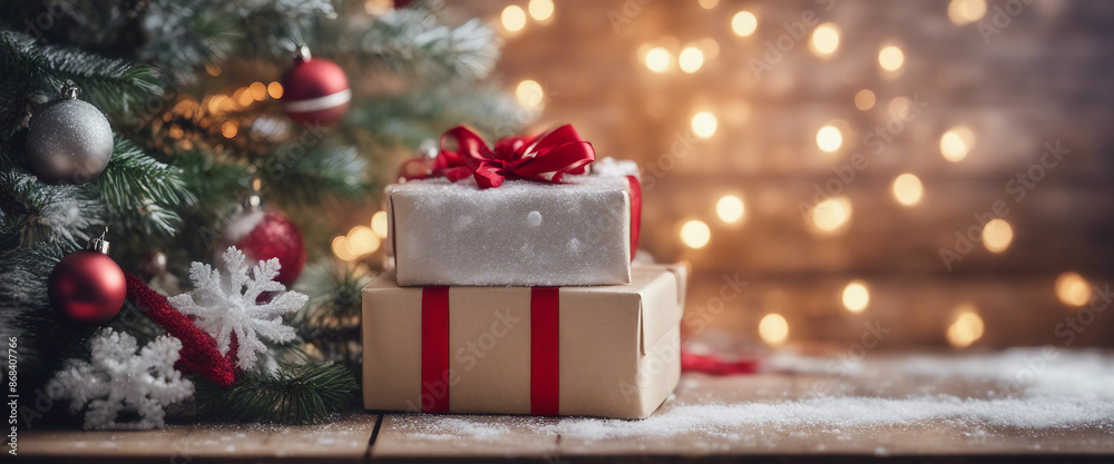 A Christmas themed gift box sits on a vintage wooden background positioned near a beautifully adorne A Christmas themed gift box sits on a vintage wooden background positioned near a beautifully adorne