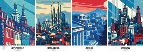Set of european city posters including copenhagen barcelona athens warsaw