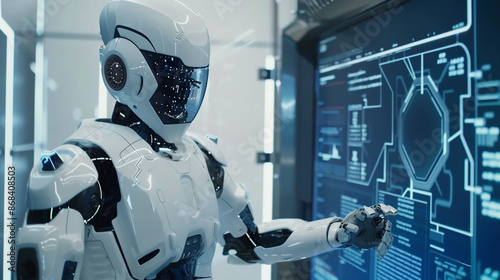Illustrate the concept of artificial intelligence with a futuristic robot interacting with a digital interface, captured using a telephoto lens in a high-tech lab, Generative AI