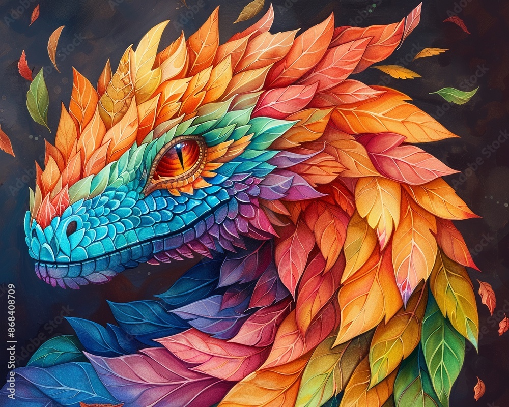 Obraz premium Dragon with scales of autumn hues, autumn dragon, blending with seasonal colors