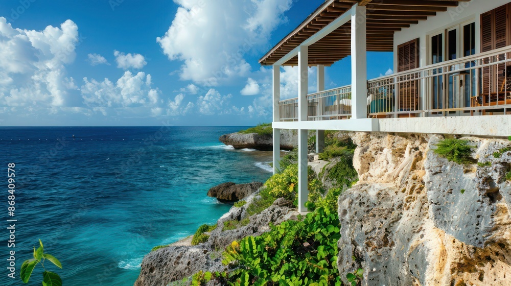 Fototapeta premium Cliffside dwelling with robust Bahama shutters, offering durability against harsh weather conditions