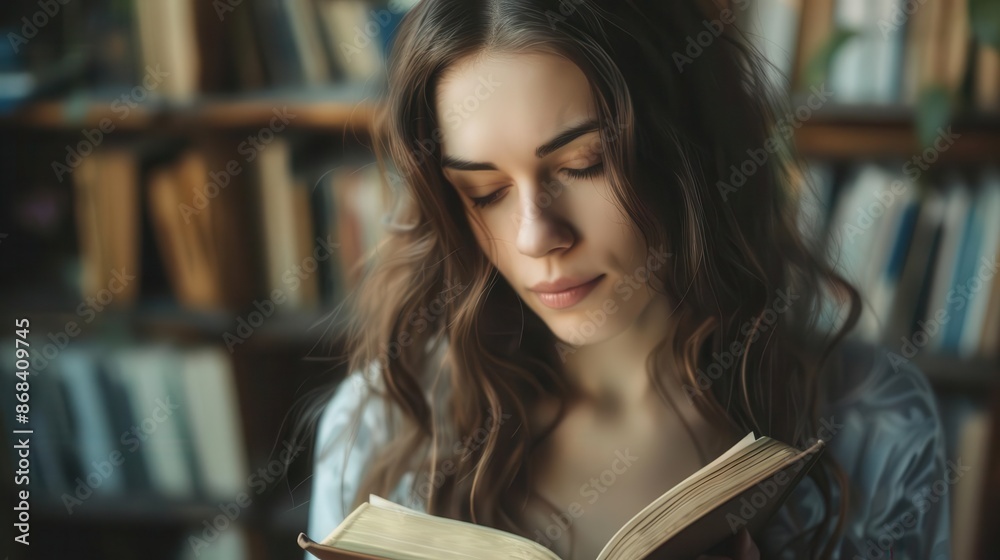 young woman reading bible with serene expression religious faith and spirituality concept young woman reading bible with serene expression religious faith and spirituality concept