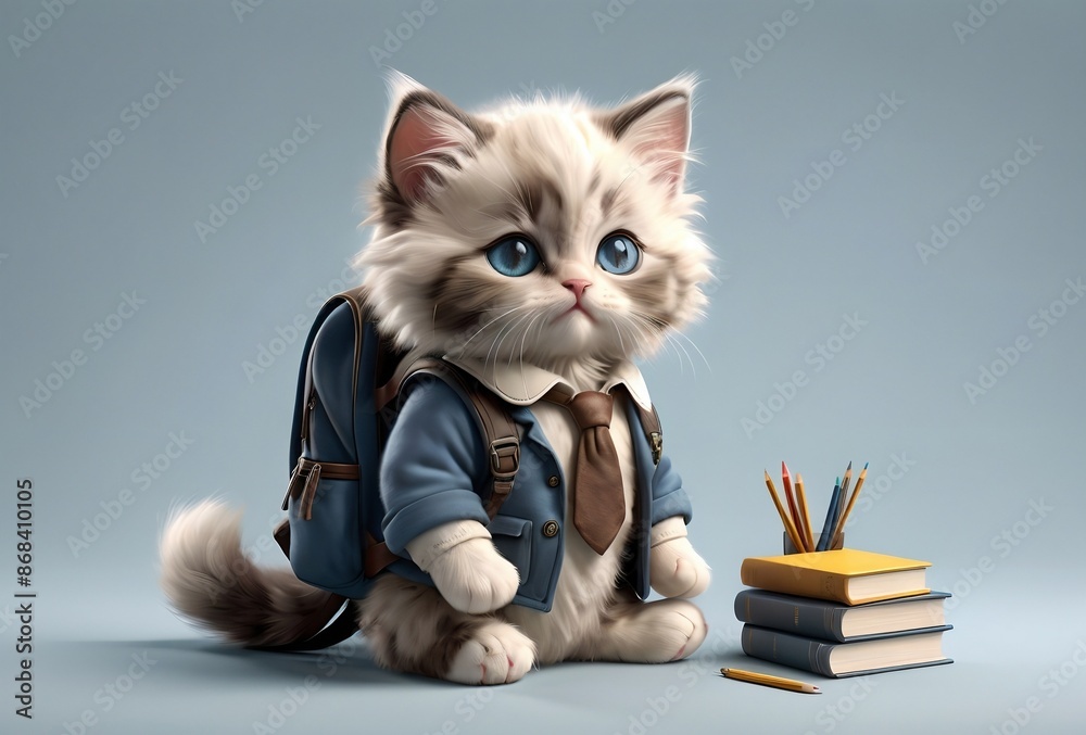 kitten schoolboy with a backpack and textbooks goes to school to study kitten schoolboy with a backpack and textbooks goes to school to study