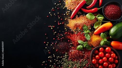 Fototapeta Naklejka Na Ścianę i Meble -  A vibrant explosion of colorful Thai spices and herbs in a dynamic, modern setting with copy space