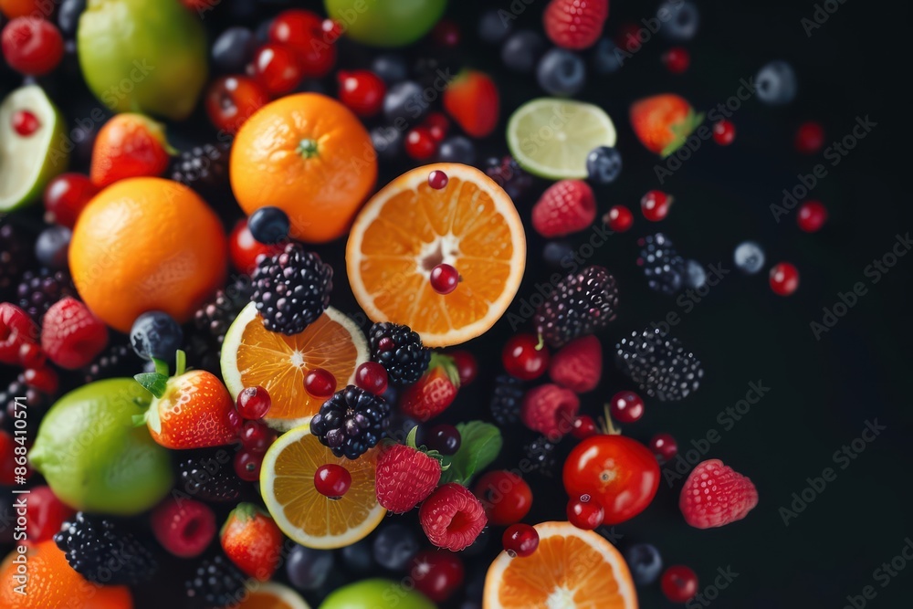 Conceptual art of berries and citrus fruits erupting in a dynamic display, with copy space Conceptual art of berries and citrus fruits erupting in a dynamic display, with copy space