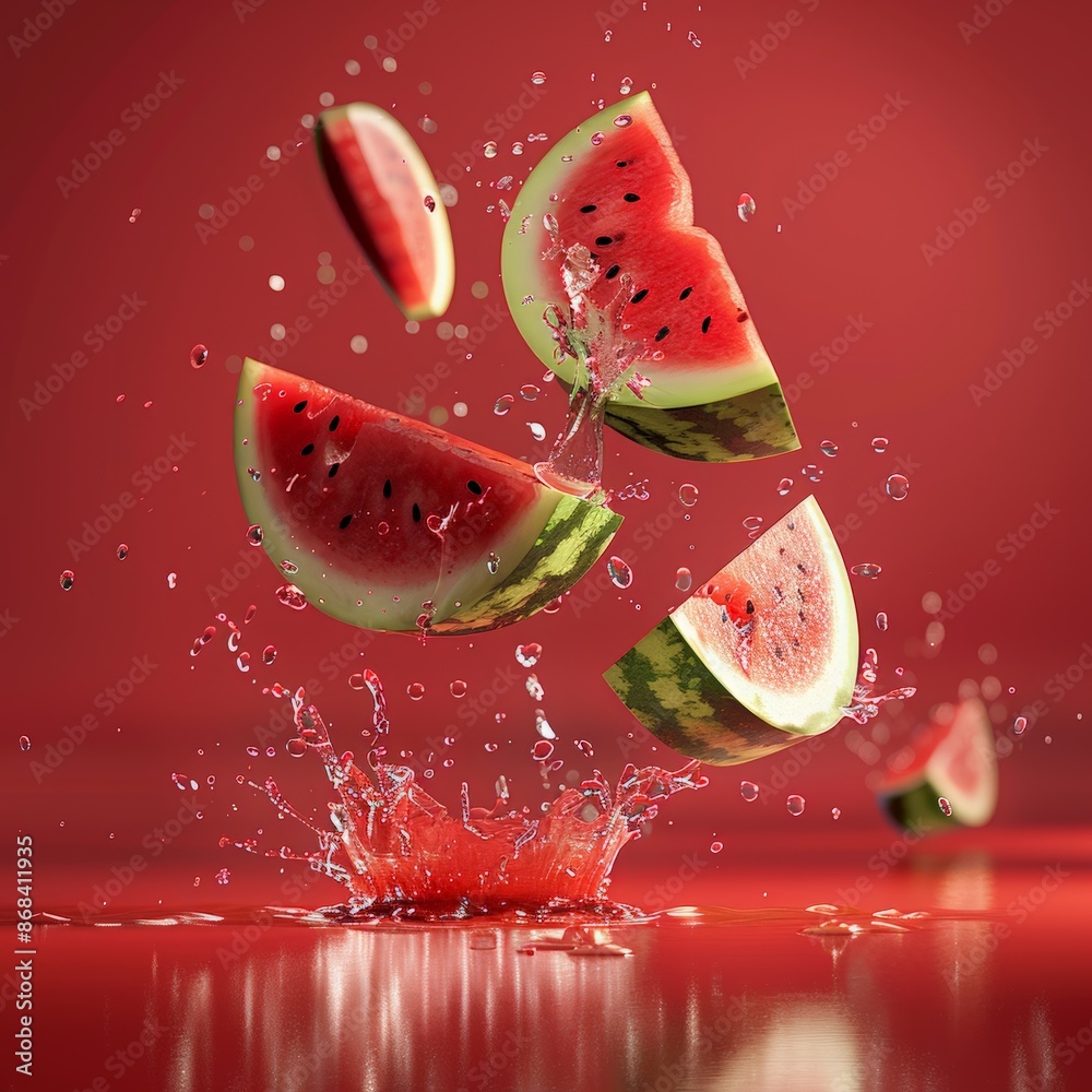 Falling Watermelon with pieces flying isolated on a white background. Watermelon slices, melon pieces falling down Falling Watermelon with pieces flying isolated on a white background. Watermelon slices, melon pieces falling down