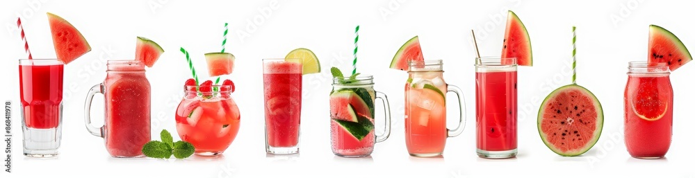 watermelon juice in glasses and mason jars on a white background, various poses. A set of different glasses filled with watermelon juice and mint watermelon juice in glasses and mason jars on a white background, various poses. A set of different glasses filled with watermelon juice and mint