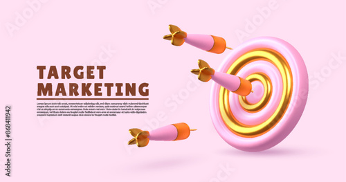 Dart hitting the bullseye. Represents business and financial targets, success goals, and target achievement. 3D vector icon minimalist cartoon style.