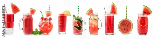 Wallpaper Mural watermelon juice in glasses and mason jars on a white background, various poses. A set of different glasses filled with watermelon juice and mint Torontodigital.ca