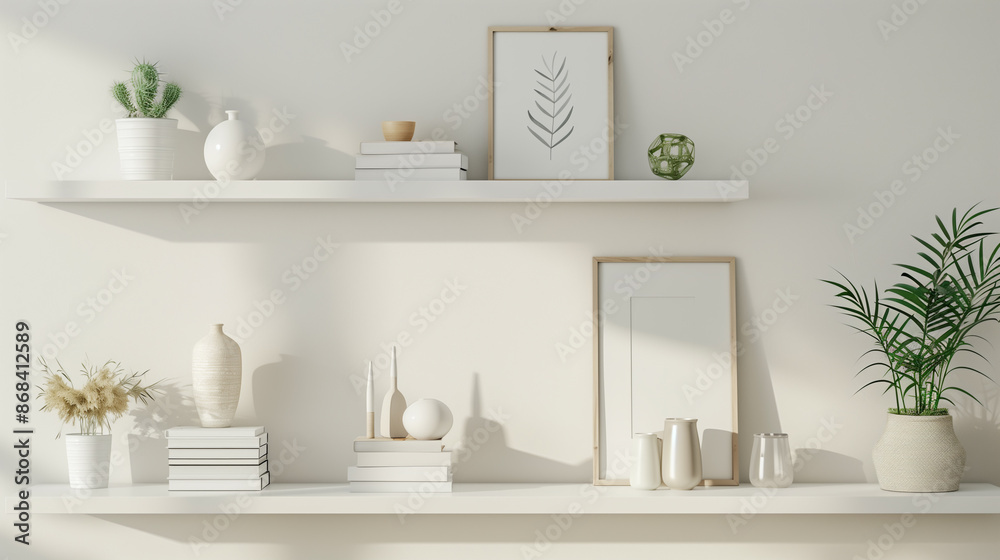 Modern minimalist wall with sleek shelves displaying a sophisticated array of curated decor items. Modern minimalist wall with sleek shelves displaying a sophisticated array of curated decor items.