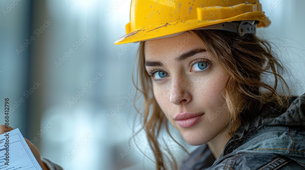 A woman in a yellow hard hat looks intently at a document