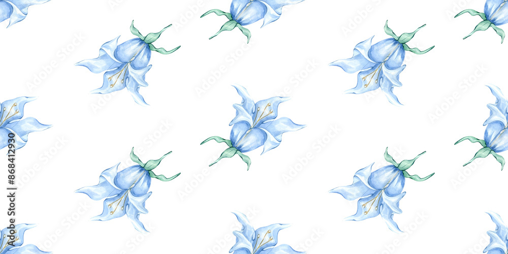 Watercolor illustration, bluebell flower, delphinium. A simple pattern with a blue flower for fabric, wallpaper. Seamless pattern, endless print.. Watercolor illustration, bluebell flower, delphinium. A simple pattern with a blue flower for fabric, wallpaper. Seamless pattern, endless print..