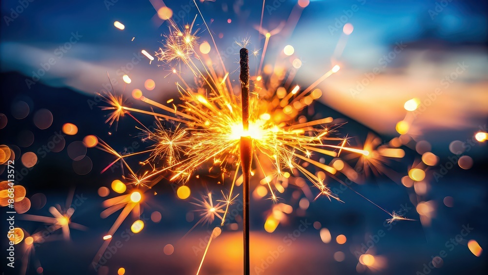 Obraz premium Close-up shot of a glowing sparkler emitting sparks against a dusk background, sparkler, close-up, glowing, warmth