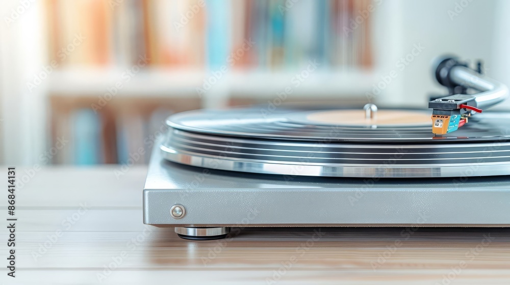 An ultra-sharp image of a collection of vinyl records and a retro record player