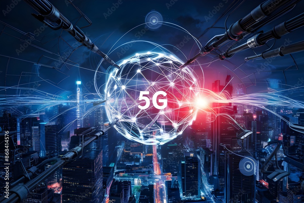 Obraz premium 5G technology intelligent automation internet interconnectivity advanced speed in a blue background
