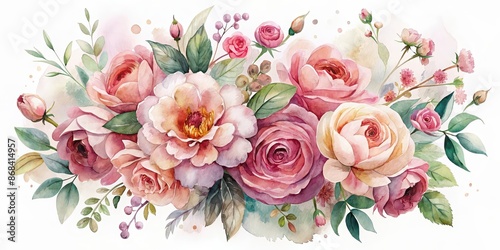 Watercolor painting of a beautiful flower arrangement in shades of pink and blush, watercolor, flower, arrangement, pink, blush