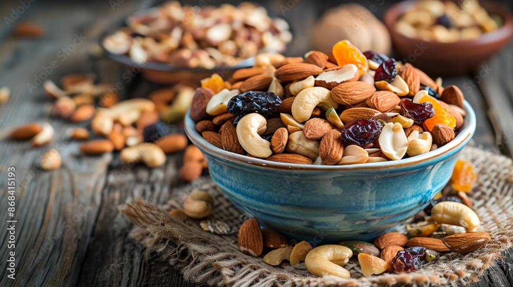 A bowl of mixed nuts and dried fruits on a rustic wooden table, healthy snack, A bowl of mixed nuts and dried fruits on a rustic wooden table, healthy snack,