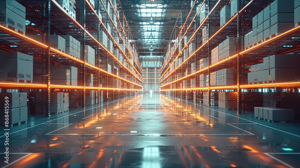 Modern technology enabled distribution center full of carton boxes. and there are some illuminated data pipelines on the floor to visualize the digitalization of the logistics industry. Generative AI. Modern technology enabled distribution center full of carton boxes. and there are some illuminated data pipelines on the floor to visualize the digitalization of the logistics industry. Generative AI.