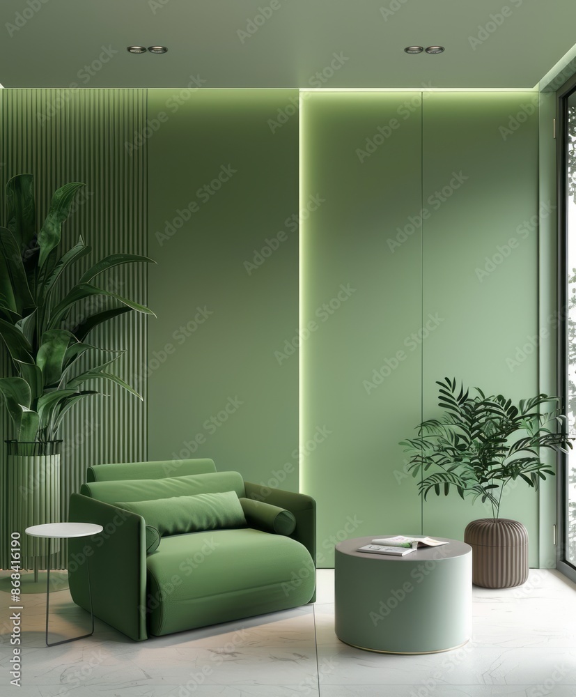 Minimalist interior with green wall and metal accents Minimalist interior with green wall and metal accents