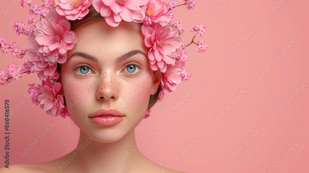 A woman with pink flowers in her hair, looking straight at the camera A woman with pink flowers in her hair, looking straight at the camera