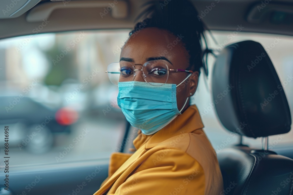 Car Mask. Young African Woman Driving Car with Face Mask During Pandemic Car Mask. Young African Woman Driving Car with Face Mask During Pandemic