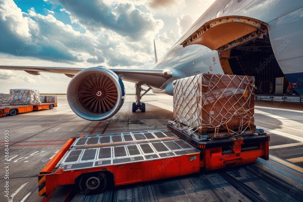 Fototapeta premium Cargo Handling. Loading and Shipping of Freight Containers on Aeroplane