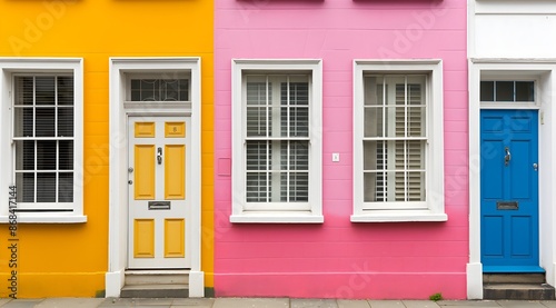 Colorfully painted house facades with white doors and windows. The front doors and walls are painted in bright colors.