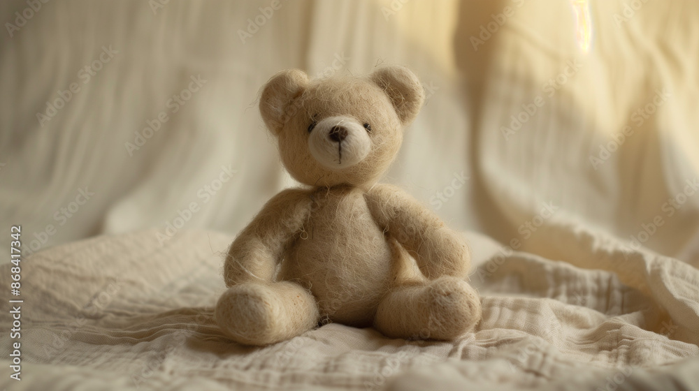 teddy bear in a bright beige color, handmade doll, soft texture, product photography, wool felt teddy bear in a bright beige color, handmade doll, soft texture, product photography, wool felt