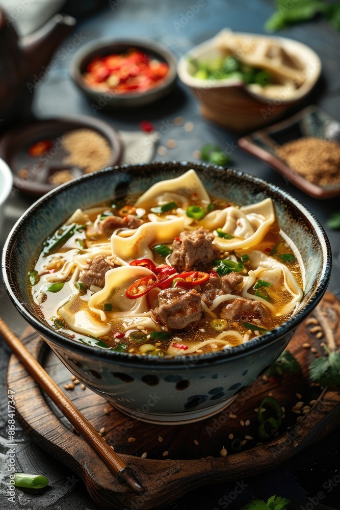 Asian Soup with Egg Noodles, Pork Wontons, and Vegetables Asian Soup with Egg Noodles, Pork Wontons, and Vegetables